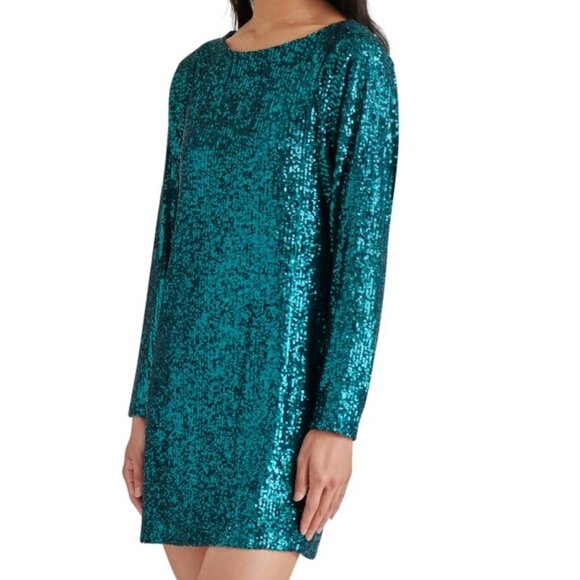 Steve Madden Ginger Sequin Mini Dress Long Sleeve Deep Teal NWT Size 2 - Picture 3 of 5